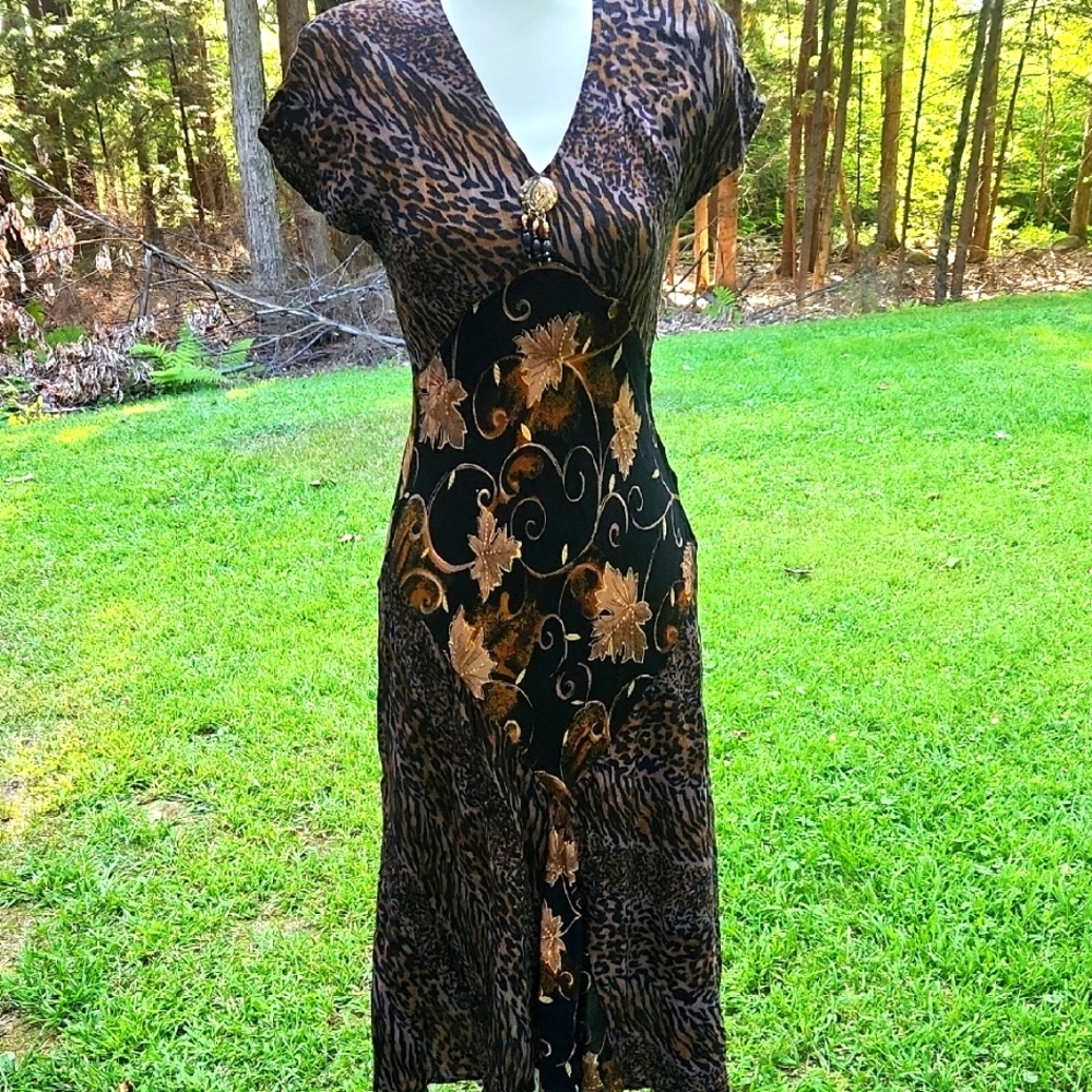 90s Black Artsy Whimsigoth  Animal Print and Leaf Pattern Gauzy Flowy Dress
